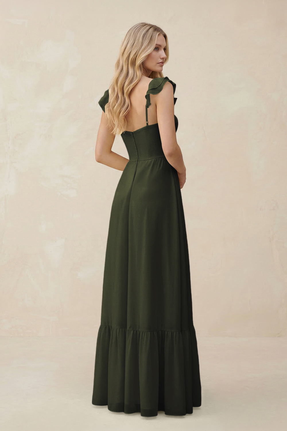 Sweetheart Ruffled Sleeve A-Line Chiffon Bridesmaid Dress in Olive