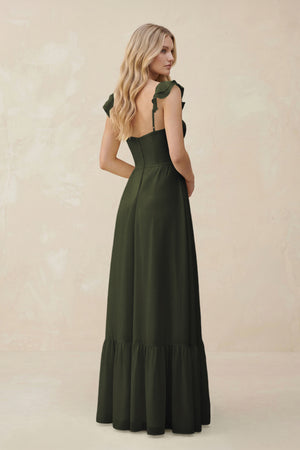 Sweetheart Ruffled Sleeve A-Line Chiffon Bridesmaid Dress in Olive (2) | KISSBRIDAL