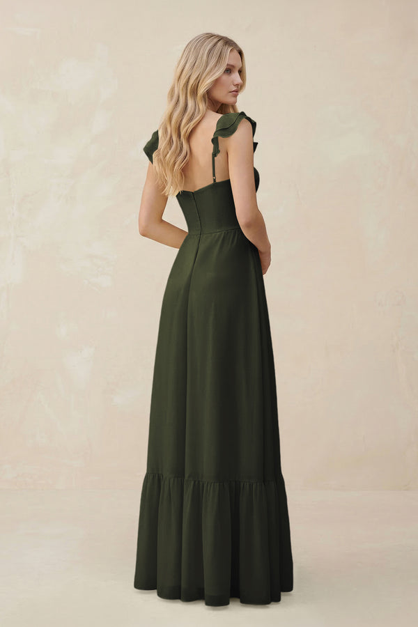 Sweetheart Ruffled Sleeve A-Line Chiffon Bridesmaid Dress in Olive (2) | KISSBRIDAL