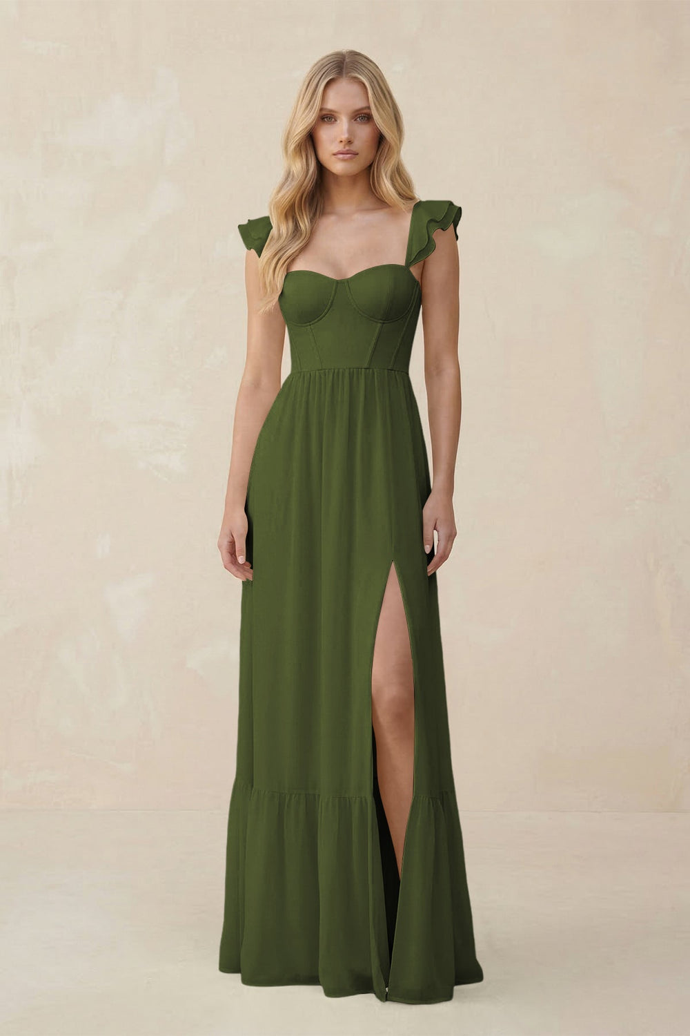 Sweetheart Ruffled Sleeve A - Line Chiffon Bridesmaid Dress in Olive - KISS BRIDAL Bridesmaid Dresses