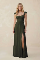 Sweetheart Ruffled Sleeve A-Line Chiffon Bridesmaid Dress in Olive | KISSBRIDAL