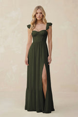 Sweetheart Ruffled Sleeve A-Line Chiffon Bridesmaid Dress in Olive | KISSBRIDAL