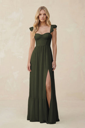 Sweetheart Ruffled Sleeve A-Line Chiffon Bridesmaid Dress in Olive | KISSBRIDAL