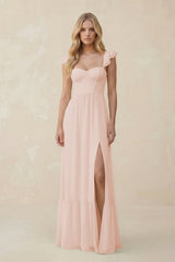 Sweetheart Ruffled Sleeve A - Line Chiffon Bridesmaid Dress in Pale Blush - KISS BRIDAL Bridesmaid Dresses