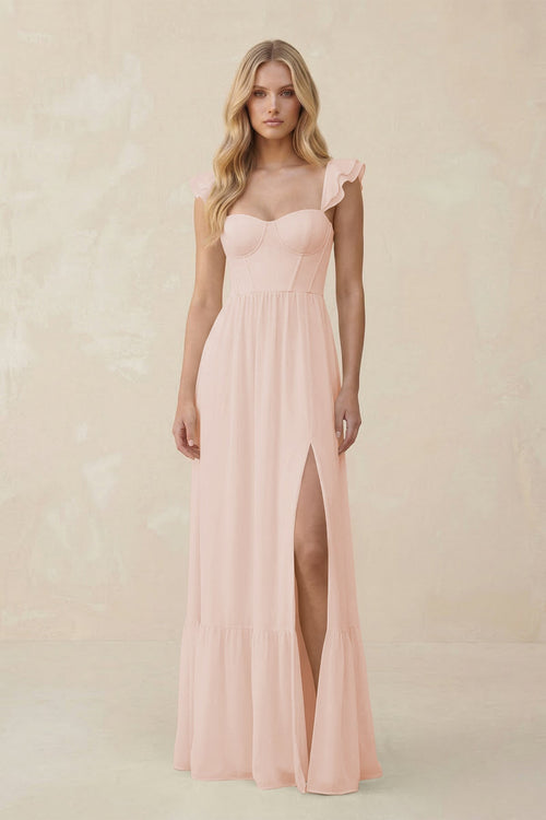 Sweetheart Ruffled Sleeve A - Line Chiffon Bridesmaid Dress in Pale Blush - SHE IS ME Bridesmaid Dresses