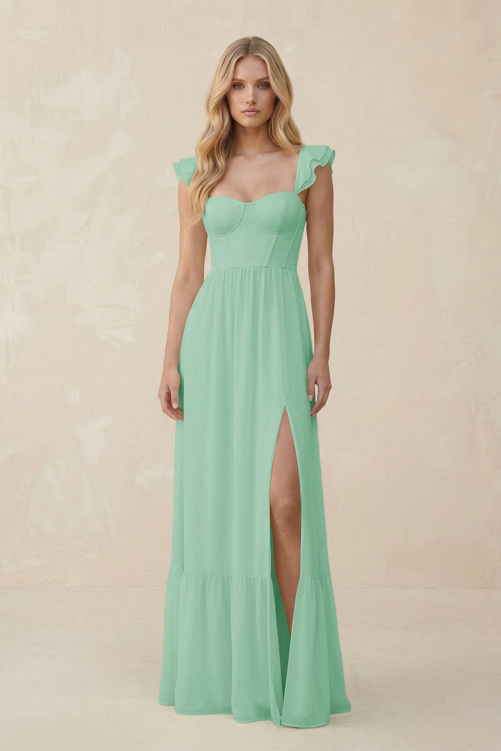 Sweetheart Ruffled Sleeve A - Line Chiffon Bridesmaid Dress in Pale Pistachio - KISS BRIDAL Bridesmaid Dresses