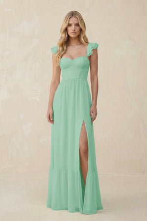 Sweetheart Ruffled Sleeve A - Line Chiffon Bridesmaid Dress in Pale Pistachio - SHE IS ME Bridesmaid Dresses