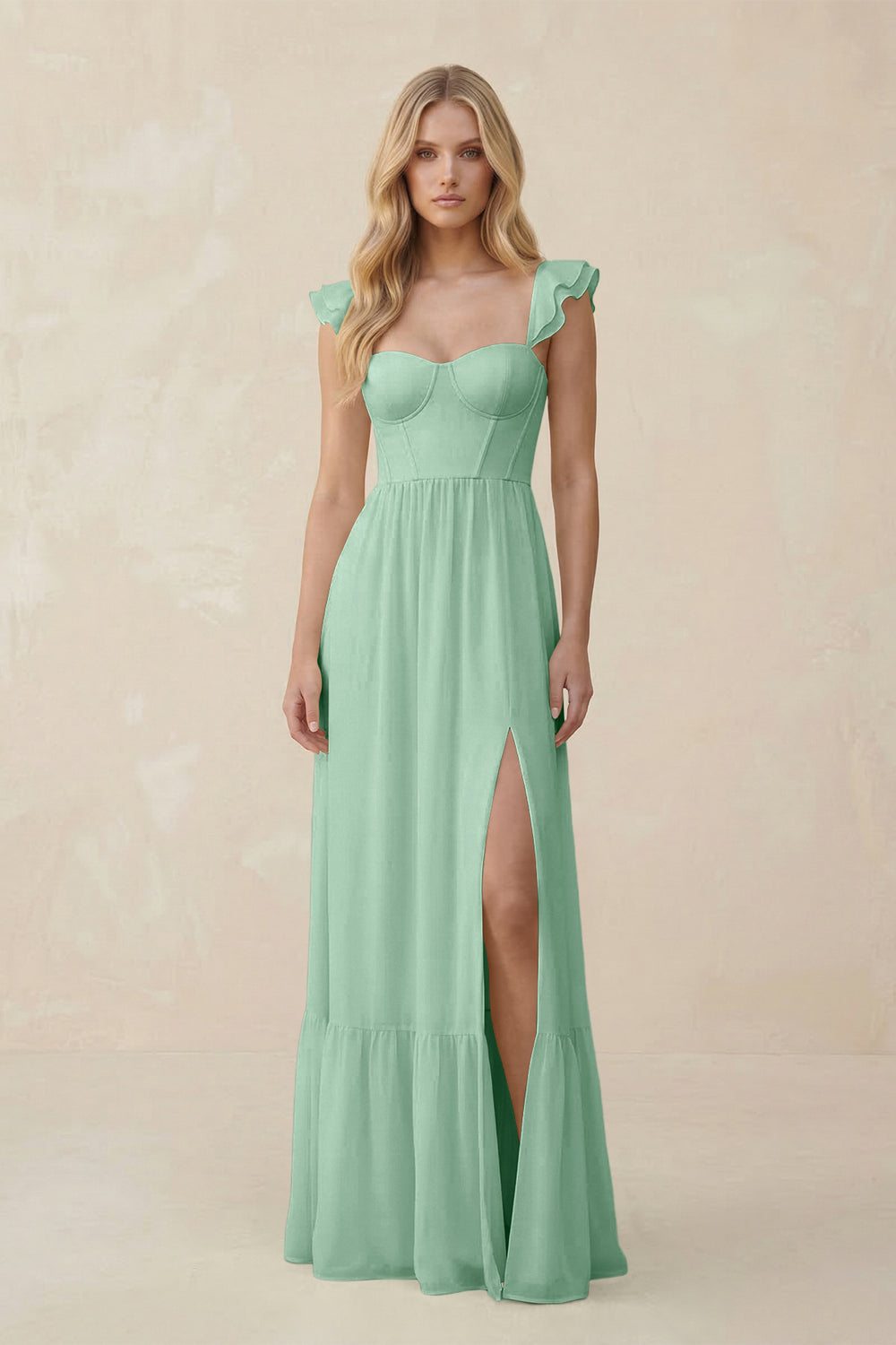 Sweetheart Ruffled Sleeve A-Line Chiffon Bridesmaid Dress in Pale Pistachio