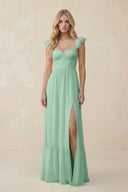 Sweetheart Ruffled Sleeve A-Line Chiffon Bridesmaid Dress in Pale Pistachio | KISSBRIDAL