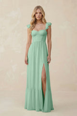 Sweetheart Ruffled Sleeve A-Line Chiffon Bridesmaid Dress in Pale Pistachio | KISSBRIDAL