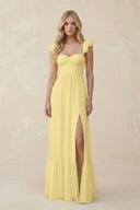Sweetheart Ruffled Sleeve A - Line Chiffon Bridesmaid Dress in Pastel Yellow - KISS BRIDAL Bridesmaid Dresses
