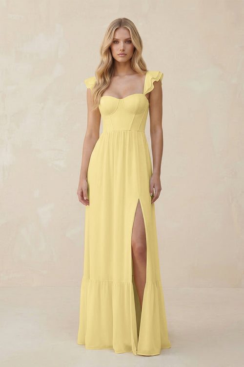 Sweetheart Ruffled Sleeve A - Line Chiffon Bridesmaid Dress in Pastel Yellow - KISS BRIDAL Bridesmaid Dresses