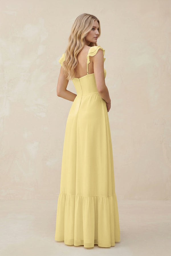 Sweetheart Ruffled Sleeve A - Line Chiffon Bridesmaid Dress in Pastel Yellow - KISS BRIDAL Bridesmaid Dresses