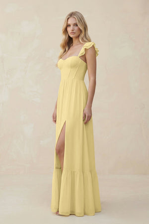 Sweetheart Ruffled Sleeve A - Line Chiffon Bridesmaid Dress in Pastel Yellow - KISS BRIDAL Bridesmaid Dresses