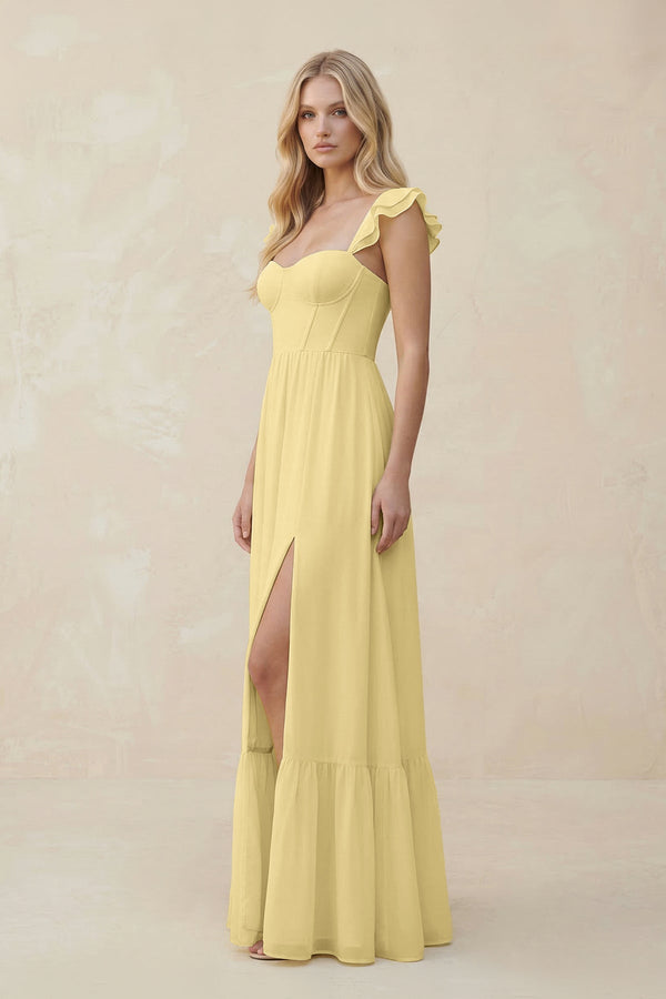 Sweetheart Ruffled Sleeve A - Line Chiffon Bridesmaid Dress in Pastel Yellow - KISS BRIDAL Bridesmaid Dresses
