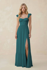Sweetheart Ruffled Sleeve A - Line Chiffon Bridesmaid Dress in Pine - KISS BRIDAL Bridesmaid Dresses