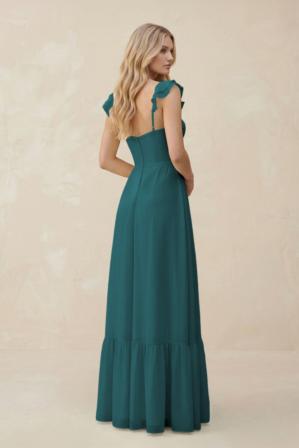 Sweetheart Ruffled Sleeve A - Line Chiffon Bridesmaid Dress in Pine - KISS BRIDAL Bridesmaid Dresses