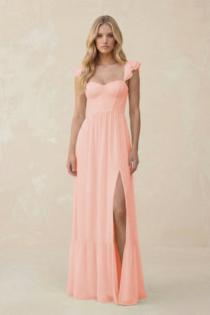 Sweetheart Ruffled Sleeve A - Line Chiffon Bridesmaid Dress in Rose Petal - SHE IS ME Bridesmaid Dresses