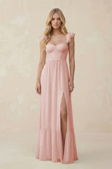 Sweetheart Ruffled Sleeve A-Line Chiffon Bridesmaid Dress in Rose Petal | KISSBRIDAL