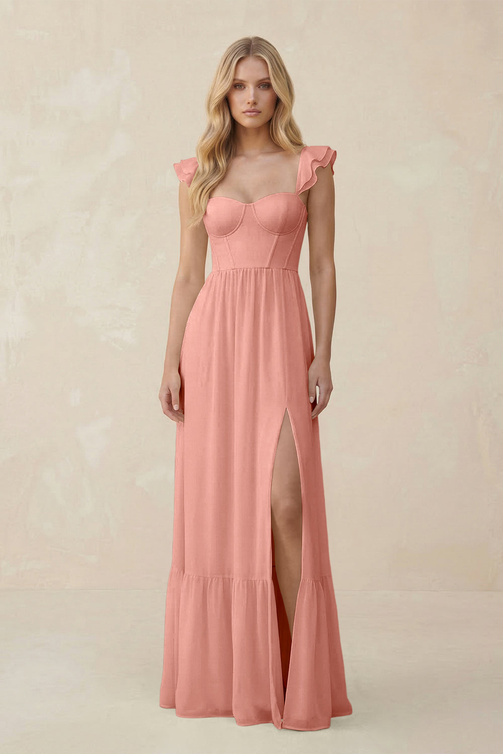 Sweetheart Ruffled Sleeve A-Line Chiffon Bridesmaid Dress in Rosette