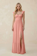 Sweetheart Ruffled Sleeve A-Line Chiffon Bridesmaid Dress in Rosette | KISSBRIDAL