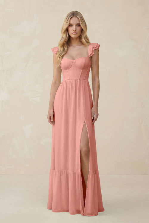 Sweetheart Ruffled Sleeve A-Line Chiffon Bridesmaid Dress in Rosette | KISSBRIDAL
