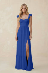 Sweetheart Ruffled Sleeve A - Line Chiffon Bridesmaid Dress in Royal Blue - KISS BRIDAL Bridesmaid Dresses