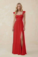 Sweetheart Ruffled Sleeve A - Line Chiffon Bridesmaid Dress in Ruby Red - KISS BRIDAL Bridesmaid Dresses