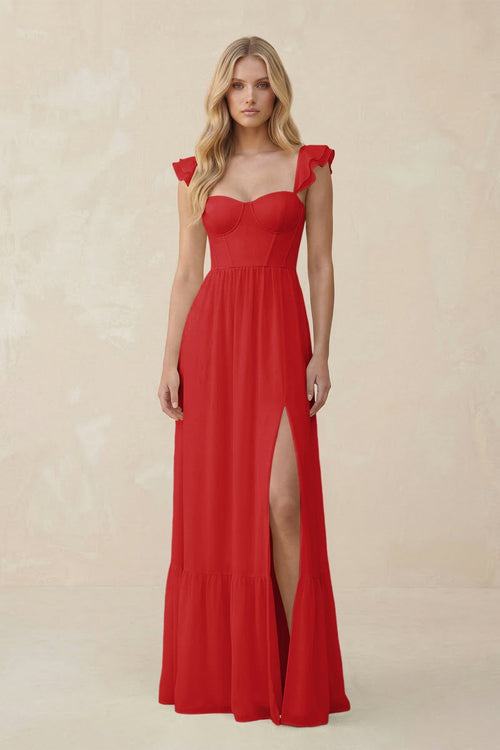 Sweetheart Ruffled Sleeve A - Line Chiffon Bridesmaid Dress in Ruby Red - SHE IS ME Bridesmaid Dresses