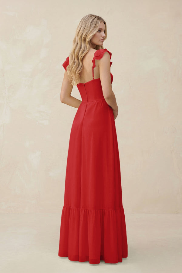 Sweetheart Ruffled Sleeve A - Line Chiffon Bridesmaid Dress in Ruby Red - SHE IS ME Bridesmaid Dresses
