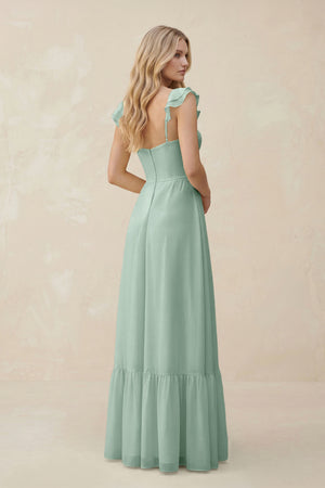 Sweetheart Ruffled Sleeve A-Line Chiffon Bridesmaid Dress in Sage (2) | KISSBRIDAL
