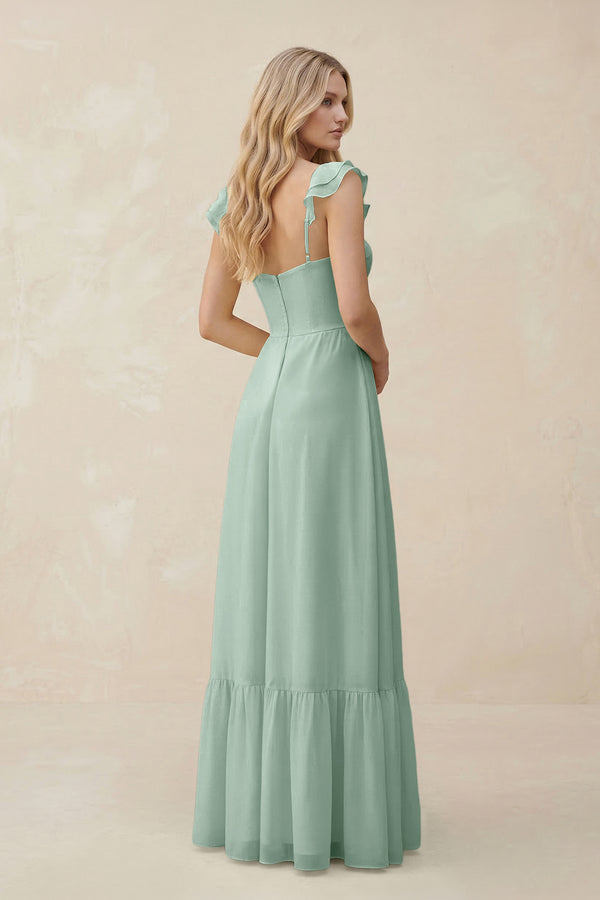 Sweetheart Ruffled Sleeve A-Line Chiffon Bridesmaid Dress in Sage (2) | KISSBRIDAL