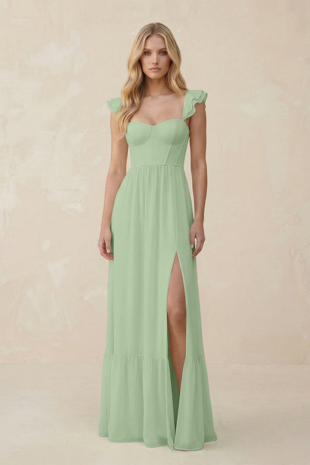 Sweetheart Ruffled Sleeve A - Line Chiffon Bridesmaid Dress in Sage - KISS BRIDAL Bridesmaid Dresses