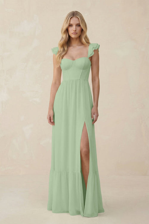 Sweetheart Ruffled Sleeve A - Line Chiffon Bridesmaid Dress in Sage - SHE IS ME Bridesmaid Dresses