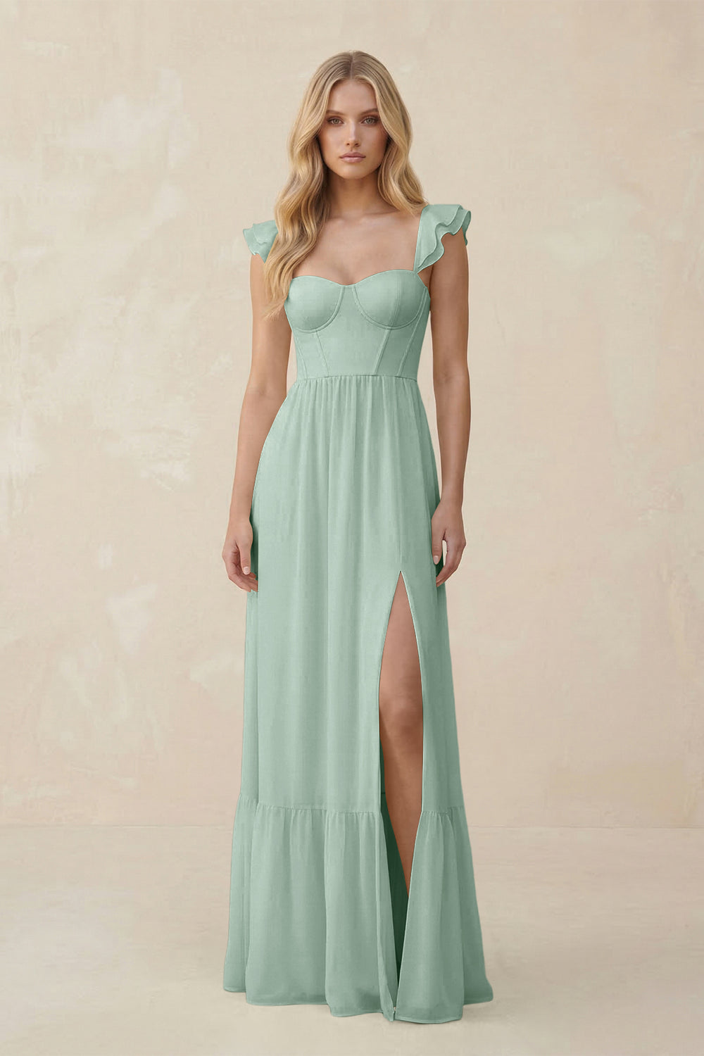 Sweetheart Ruffled Sleeve A-Line Chiffon Bridesmaid Dress in Sage