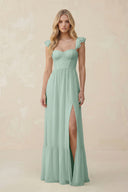Sweetheart Ruffled Sleeve A-Line Chiffon Bridesmaid Dress in Sage | KISSBRIDAL