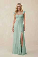 Sweetheart Ruffled Sleeve A-Line Chiffon Bridesmaid Dress in Sage | KISSBRIDAL