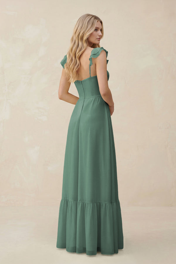 Sweetheart Ruffled Sleeve A-Line Chiffon Bridesmaid Dress in Sea Glass (2) | KISSBRIDAL