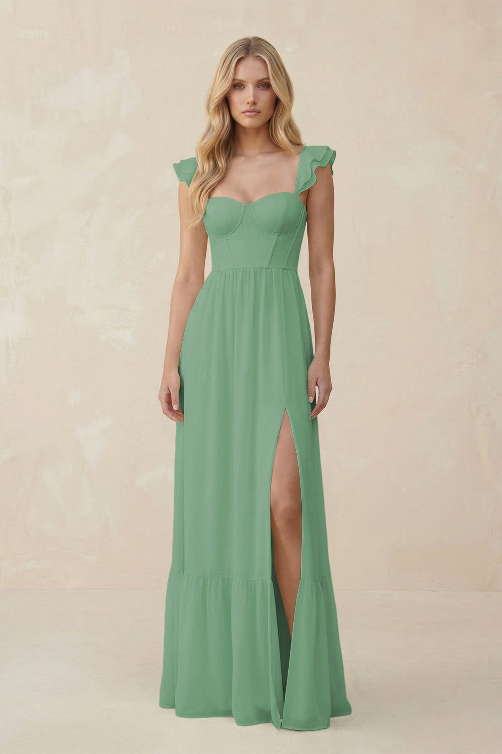 Sweetheart Ruffled Sleeve A - Line Chiffon Bridesmaid Dress in Sea Glass - KISS BRIDAL Bridesmaid Dresses