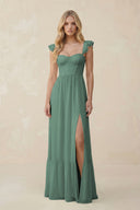 Sweetheart Ruffled Sleeve A-Line Chiffon Bridesmaid Dress in Sea Glass | KISSBRIDAL