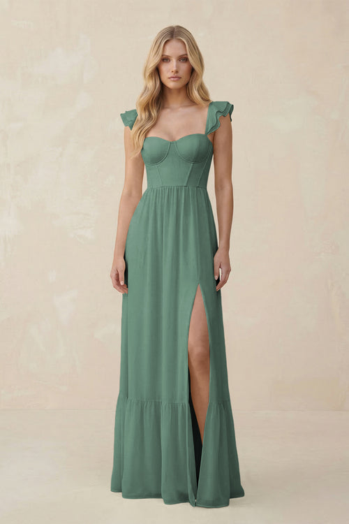 Sweetheart Ruffled Sleeve A-Line Chiffon Bridesmaid Dress in Sea Glass | KISSBRIDAL