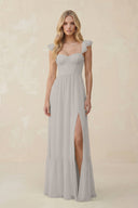 Sweetheart Ruffled Sleeve A - Line Chiffon Bridesmaid Dress in Silver - SHE IS ME Bridesmaid Dresses