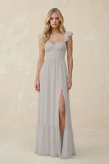 Sweetheart Ruffled Sleeve A - Line Chiffon Bridesmaid Dress in Silver - KISS BRIDAL Bridesmaid Dresses