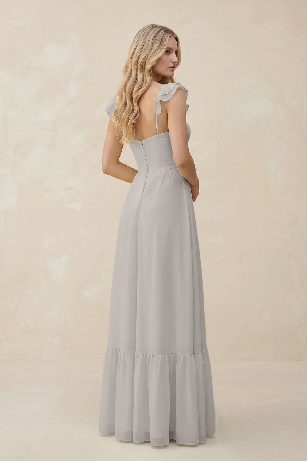 Sweetheart Ruffled Sleeve A - Line Chiffon Bridesmaid Dress in Silver - KISS BRIDAL Bridesmaid Dresses