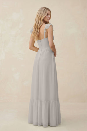Sweetheart Ruffled Sleeve A - Line Chiffon Bridesmaid Dress in Silver - SHE IS ME Bridesmaid Dresses