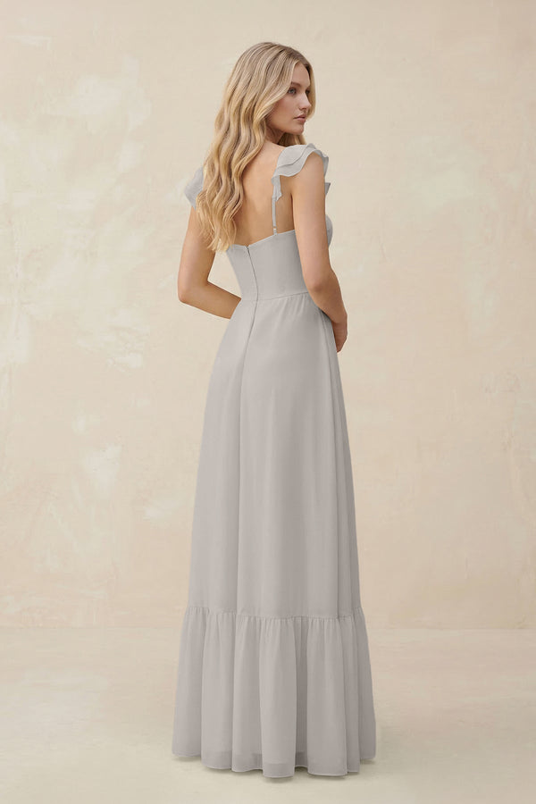 Sweetheart Ruffled Sleeve A - Line Chiffon Bridesmaid Dress in Silver - SHE IS ME Bridesmaid Dresses