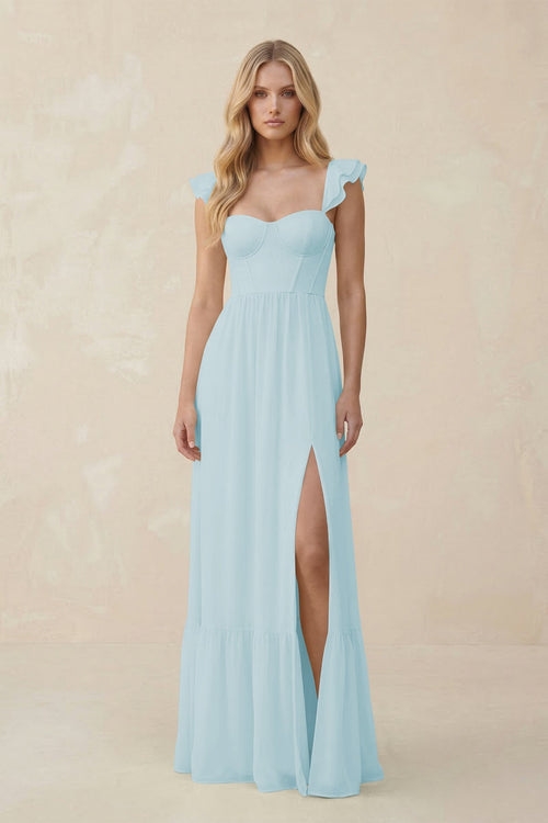 Sweetheart Ruffled Sleeve A - Line Chiffon Bridesmaid Dress in Sky Blue - SHE IS ME Bridesmaid Dresses