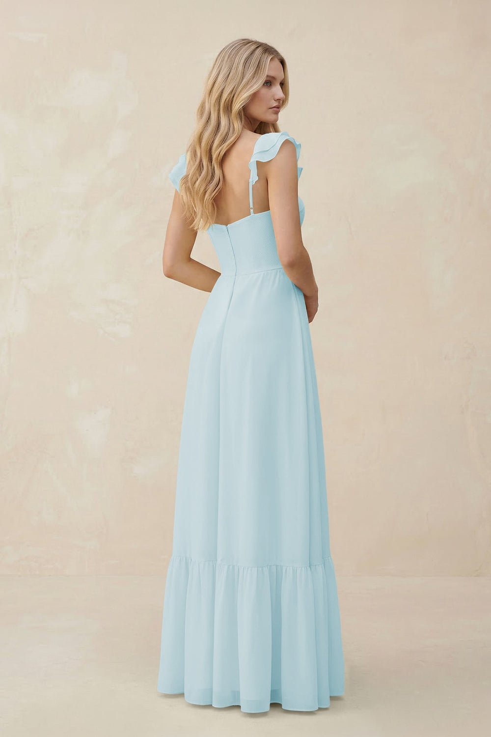 Sweetheart Ruffled Sleeve A - Line Chiffon Bridesmaid Dress in Sky Blue - KISS BRIDAL Bridesmaid Dresses