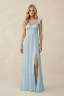 Sweetheart Ruffled Sleeve A-Line Chiffon Bridesmaid Dress in Sky Blue | KISSBRIDAL