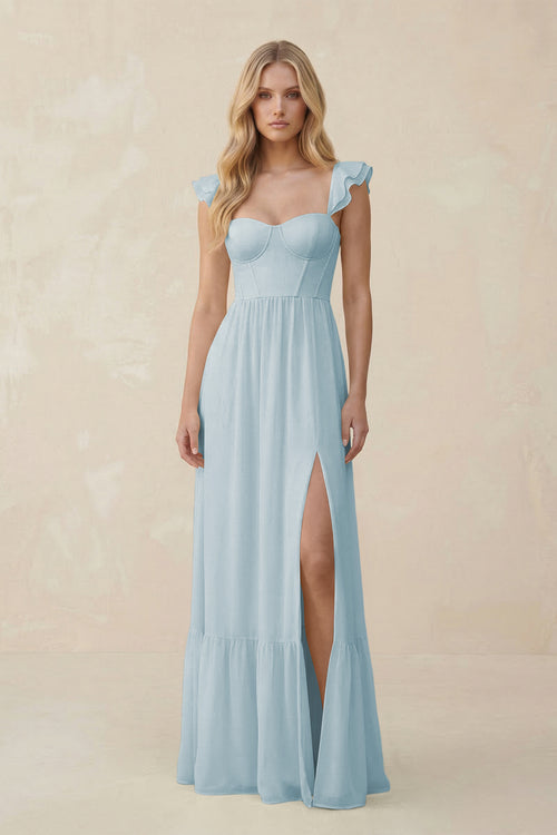 Sweetheart Ruffled Sleeve A-Line Chiffon Bridesmaid Dress in Sky Blue | KISSBRIDAL